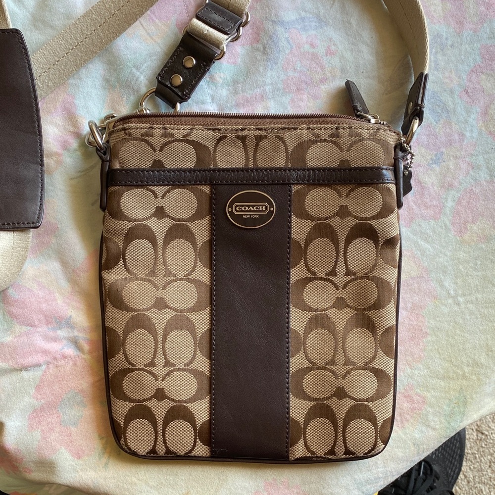 Coach Signature Brown and Tan cross body bag